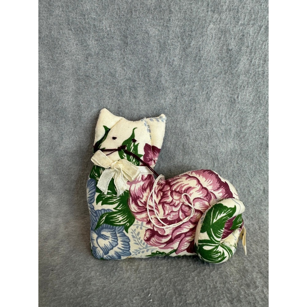 Stuffed Floral Fabric Cat Figurine Cream Pink Green Cottagecore Kitten